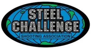 A blue and green logo for the steel challenge shooting association.